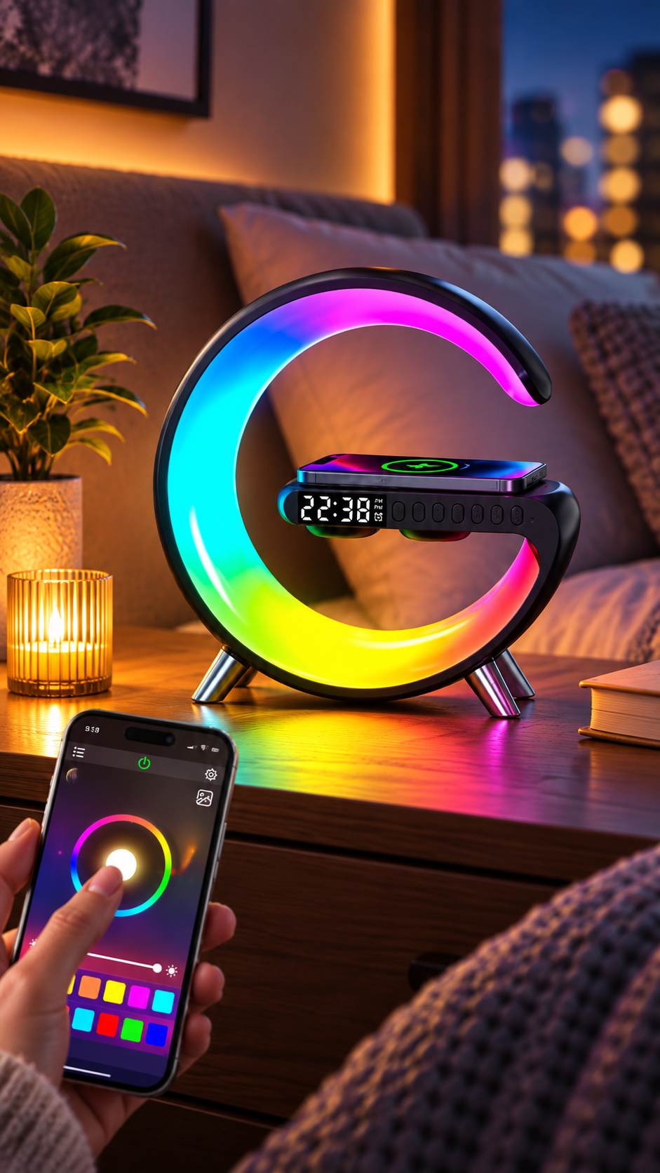 WEKEFON Smart LED Table Lamp with Alarm Clock, Wireless Charger, and Bluetooth Speaker
