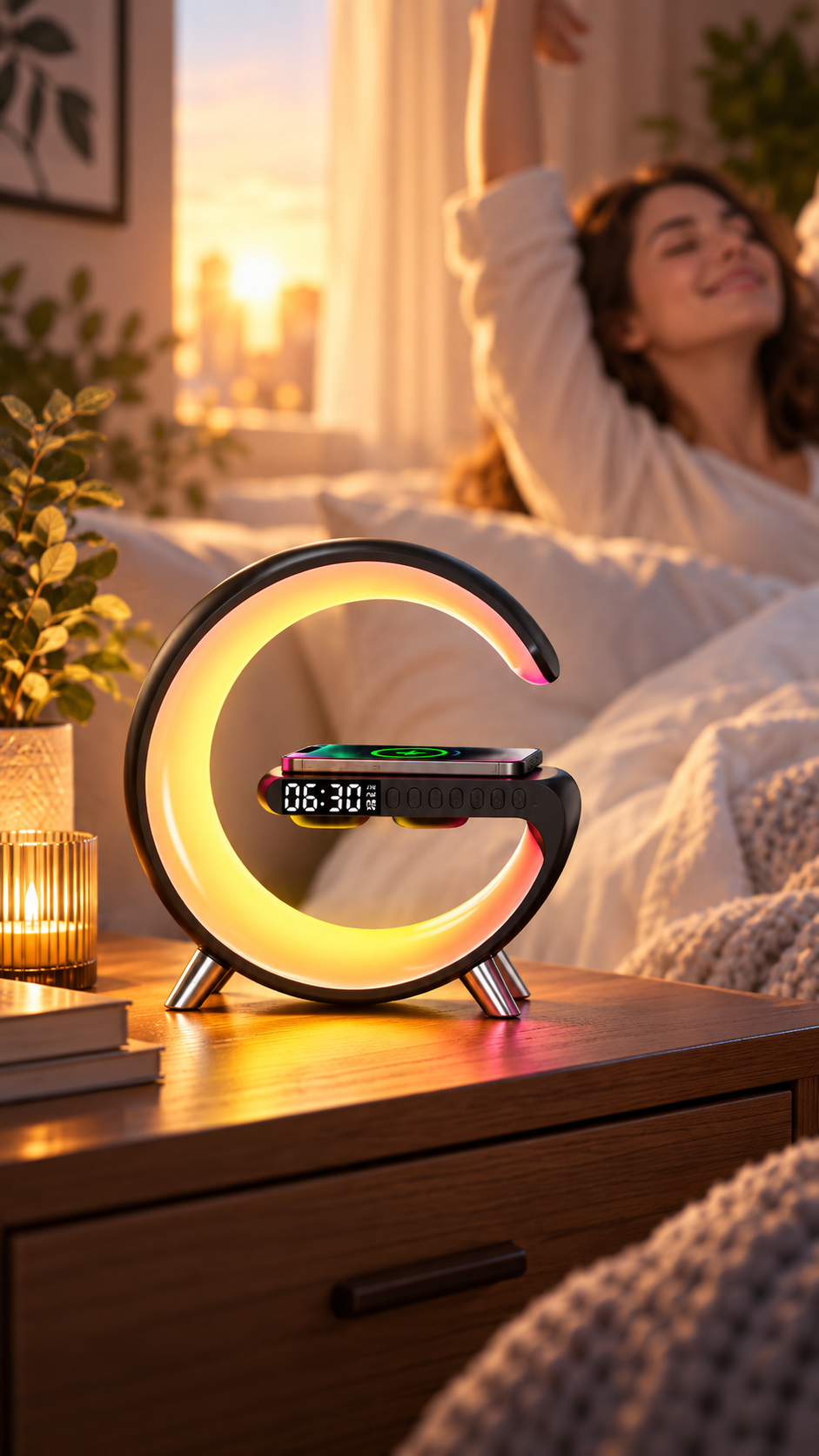 WEKEFON Smart LED Table Lamp with Alarm Clock, Wireless Charger, and Bluetooth Speaker