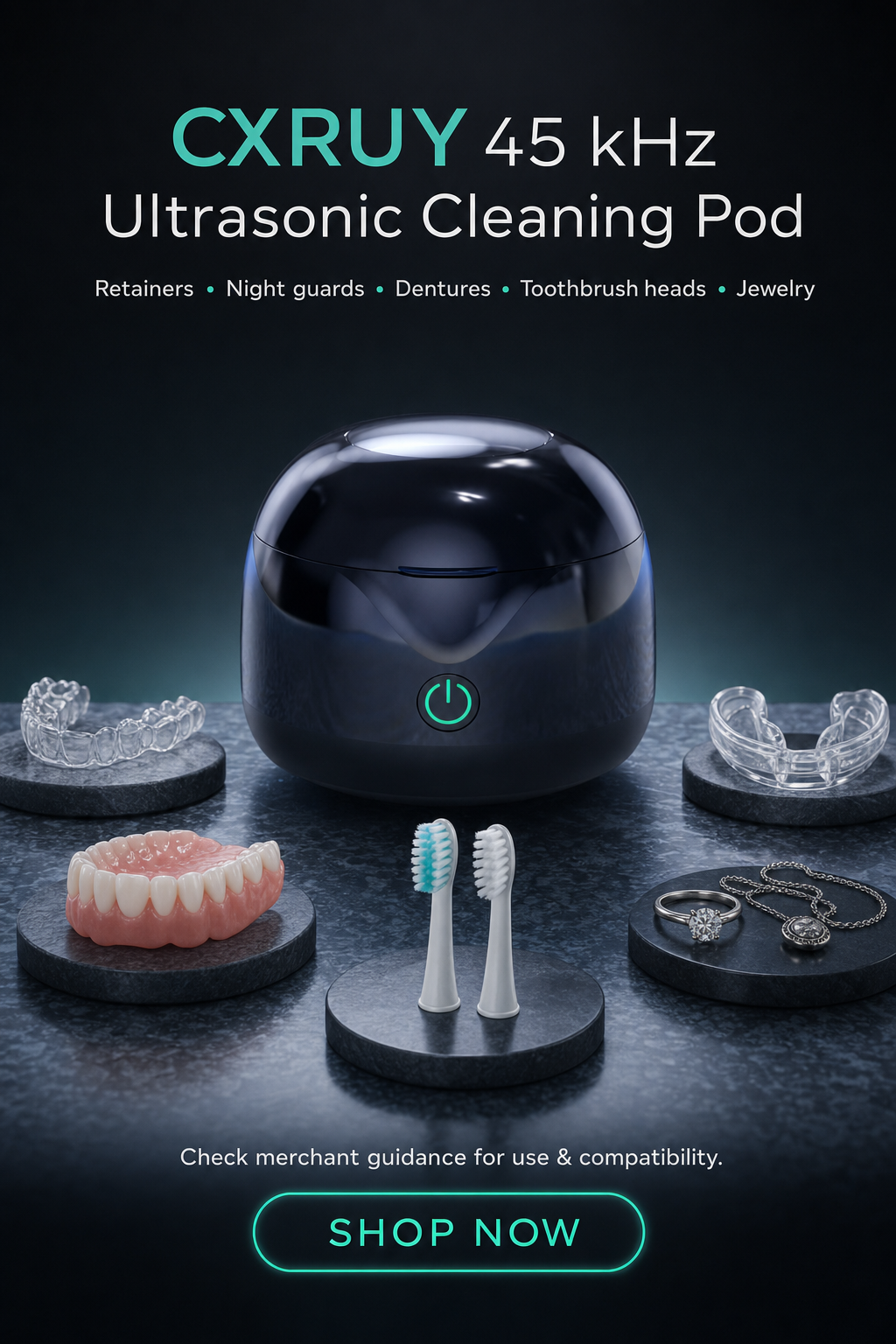 Ultrasonic Retainer Cleaner - 45 kHz Dental Cleaning Pod Night Guard Cleaner Machine for Dentures, Toothbrush Heads, Jewelry (Gloss Black)